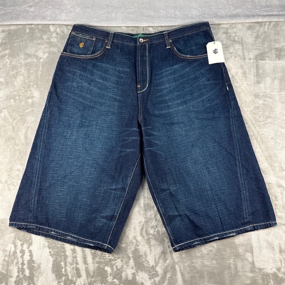 Rocawear Denim Shorts Mens 42 Baggy Dark Wash Blue Embroidered Logo NEW